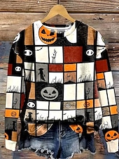 baratos Animais Tops-Mulheres camisolas Gráfico Geométrica Caveiras Casual Manga Longa Gola Redonda Decote Redondo Tops regulares Rua Dia a Dia Imprimir Laranja Primavera Outono Inverno