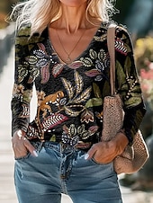 abordables T-shirt Boho-Femmes Chemisier Fleuri Bohème Quotidien manche longue Col en V Hauts Réguliers Quotidien Fête Imprimé Noir Blanche Violet Vert Abricot Été Printemps Automne