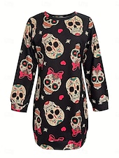 cheap Halloween Dress-Halloween Women&#039;s Mini Dress Shift Dress Casual Holiday Going out Regular Fit Graphic Skull Long Sleeve Crew Neck Black Spring Fall Winter