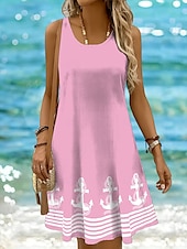 billige Stripete og geometriske kjoler-Dame Mini kjole Solkjole Kjole med A-linje Off The Shoulder-kjole Ferie Fritid Bohem Ferie Strand Normal Grafisk Geometrisk Stripe Ermeløs Crew-hals Øsehals Svart Hvit Gul Rosa Sommer Vår