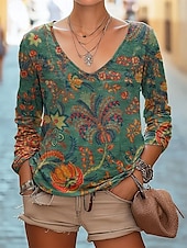 ieftine tricou boho-Pentru femei Bluză Floral Boemia Zilnic Manșon Lung În V Topuri obișnuite Zilnic Concediu Imprimeu Negru Alb Roșu-aprins Bleumarin Verde Smarald Vară Primăvară Toamnă