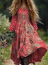 economico Abiti Boho-Per donna Abito maxi Abito a trapezio Vacanza Casual Boho Uscire Spiaggia Vestibilità comoda Floreale Grafico Paisley Manica Lunga Scollo a V Verde scuro Nero Vino Rosso Estate Primavera Autunno