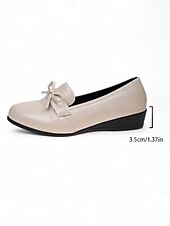 preiswerte Damenhausschuhe und -halbschuhe-Cremefarbene Loafer aus Kunstleder für Damen – bequeme Slipper mit Schleife und Keilabsatz, lässig-elegante Schuhe fürs Büro, zum Einkaufen und für den Alltag