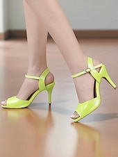 tanie Buty do tańców latynoskich-damskie różowe buty do tańca latynoskiego z odkrytymi palcami - regulowane paski, lakierowane, profesjonalne buty do tańca towarzyskiego dla tancerek i salsy