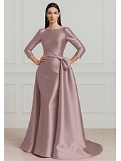 preiswerte ROT-rot-schwarzes A-Linien-Abendkleid, elegantes Kleid, formelle Hochzeit, bodenlang, 3/4-Ärmel, Rundhalsausschnitt, Stretch-Satin mit Falten, 2025