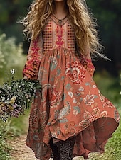 economico Abiti Boho-Per donna Abito maxi Abito a trapezio Vacanza Casual Boho Uscire Spiaggia Vestibilità comoda Floreale Grafico Paisley Manica Lunga Scollo a V Verde scuro Nero Vino Rosso Estate Primavera Autunno