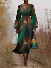 preiswerte Kunst &amp; Design Kleid-Damen Midikleid Freizeitkleid Chiffon Schwingkleid Modern Urlaub Täglich Wochenende Normale Passform Geometrisch Langarm V Ausschnitt Blau Dunkelgrün Purpur Grün Sommer Frühling Herbst