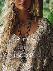 billige Boho topper-damebluse grafisk vintage daglig avslappet langermet v-hals vanlig topper tribal livets tre vintage designer grunnleggende trykk ferie gate ute daglig ferietrykk brun sommer vår høst
