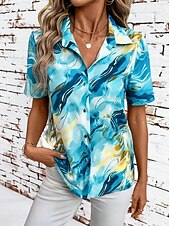 abordables Hauts d&#039;Art et de Design pour Femmes-Femmes Chemise Graphique 3D ancien Tropical Quotidien Manche Courte Col de chemise Hauts Réguliers Quotidien Bleu Vert Été Printemps