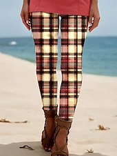 abordables -Femmes Leggings Vacances ancien Style Ethnique Longueur complète Taille haute Graphique À carreaux Impression 3D Respirabilité Doux Confortable Élastique Extérieur Vacances Maison Bordeaux Bleu œuf