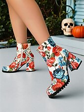 preiswerte Für Frauen-Damen-Stiefeletten mit Totenkopf- und Rosen-Print für Halloween – Stiefeletten mit klobigem Blockabsatz und seitlichem Reißverschluss im Gothic-Stil für Cosplay, Partys und Herbstfestivals