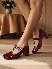 abordables Années 1950-Femmes Chaussures à Talons Rétro Mary Jane Soirée Travail Quotidien Boucle Talon épais Bout carré Élégant ancien PU Boucle Amande Noir Rouge Bordeaux