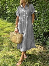 abordables Robe Rayée et Géométrique-Femmes Robe Longue Maxi Robe Robe Chemise Robe Décontractée Mode Extérieur Soirée Fête Coupe régulière Rayé Manche Courte Col de chemise Noir Blanche Jaune Rose Claire Été