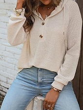 billige Teksturert hettegensere og sweatshirt-Dame Genser Fritid Helfarge Riflet Med hette Knapper Strikket Langermet Vanlige topper Strikke Daglig Ut på byen Helg Svart Hvit Høst