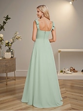 abordables Robes de demoiselle d&#039;honneur-Robe de demoiselle d&#039;honneur trapèze, col carré, sans manches, dos ouvert, longueur au sol, en mousseline, avec nœud(s)
