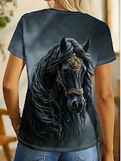 abordables T-shirt Animaux-Femmes T-shirt Graphique Animal Cheval ancien Mode Élégant Manche Courte Col ras du cou Col rond Hauts Réguliers Quotidien Week-end Imprimé Marron clair Bleu Bleu Poudré Été Printemps