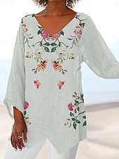 billige Blomstrete topper-Dame Bluse Blomstret Grafisk Geometrisk Årgang Tropisk Stilfull 3/4 ermer Crew-hals V-hals Vanlige topper Daglig Ferie Ferieklær Trykt mønster Lysegrønn Oransje lysegrå Sommer Vår Høst