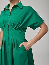 billiga Blommiga klänningar-dam maxiklänning vintage grön bomull veckad midja skjortkrage avslappnad elegant vår sommar höst