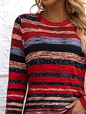 Χαμηλού Κόστους Τέχνη &amp; Σχεδίαση μπλουζάκι-Γυναικείο T-shirt Στρογγυλή Λαιμόκοψη Μακρύ Μανίκι Τουνίκ Γραφικό Γεωμετρικό Ριγέ Vintage Στυλάτο Στρογγυλή Λαιμόκοψη Κανονικά Τοπ Ημερήσια Εκτύπωση Κρασί Πορτοκαλί Φθινόπωρο