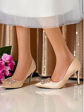 ieftine Pantofi clasici-Tocuri înalte cu vârful ascuțit din satin auriu pentru femei - pantofi eleganți cu cataramă cu strasuri pentru cocktailuri și evenimente de seară