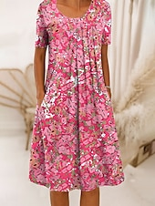 preiswerte Blumenkleid-Damen Midikleid Shiftkleid A Linie Kleid Sommerkleid Urlaub Lässig Normale Passform Blumen Grafik Kurzarm Rundhalsausschnitt Schwarz Weiß Rosa Purpur Sommer Frühling