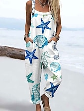 cheap Print Jumpsuit-Women&#039;s Jumpsuit Active Graphic Sleeveless Print Vacation Street Loose Fit White Blue Green Summer
