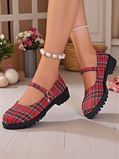 cheap Women&#039;s Flats-Women&#039;s Red Plaid Mary Jane Flats - Chunky Sole Tartan Shoes with Buckle Strap, Casual School Style for Teens and Fall Outfits