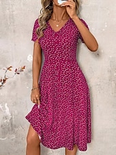 abordables Robes fleuries-Femmes Robe Midi Robe T-Shirt Robe d&#039;Été Robe trapèze Vacances Occasionnel Chaussures de plage Sortir Plage Coupe régulière Fleuri Graphique À pois Manche Courte Col en V Bleu Ciel Fuchsia Bleu de