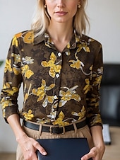preiswerte Damen Kunst- und Design-Oberteile-Damen Bluse Elegante Oberteile Chiffon Tops Blumen Farbblock Elegant Täglich Stilvoll Langarm Hemdkragen Normale Oberteile Arbeit Täglich Knöpfe Druck Gelb Rosa Rote Braun Beige Frühling, Herbst