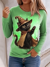olcso Halloween felsők-Mindszentek napja Női Póló Grafika Cica Szüret Stílusos Klasszikus Hosszú ujj Terített nyak Normál felsők Napi Nyomtatott Medence Bíbor Lóhere Khakizöld Tavasz Ősz