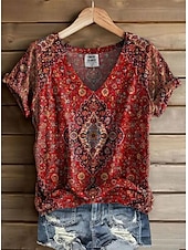 billige Boho t-skjorte-Dame T skjorte Blomstret Grafisk Paisly Bohem Årgang Stilfull Kortermet V-hals Vanlige topper Daglig Ut på byen Helg Trykt mønster Rød Lysebrun Grønn matt-hvit Sommer Vår