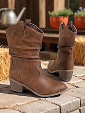 levne Slouch Boots-Dámské hnědé volné kozačky do půli lýtek s úzkým podpatkem – boty z umělé kůže ve vintage westernovém stylu na venkovské outfity, návštěvy farem a podzimní festivaly