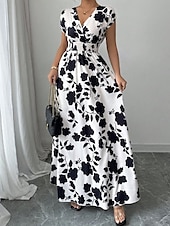 tanie Sukienki kwiatowe-Damskie Sukienka maxi Sukienka A line Urlop Codzienny Boho Na zewnątrz Wyjściowe Luźny / a Kwiaty Krótki rękaw W serek Czarny Czerwony Niebieski Pomarańczowy Lato