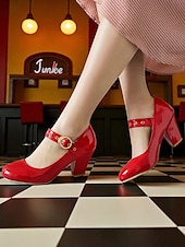 お買い得  Block Heels-カジュアルなデートに最適な、バックルストラップ付きのレディース用ホワイトパテントレザーブロックヒールメリージェーンシューズ