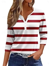 economico T-shirt a righe e geometrico-Per donna Camicia Bottoni Stampato A righe Elegante Casual Manica Lunga Scollo a V Top Regolari Quotidiano Blu Bianco Vino Verde Estate Primavera Autunno