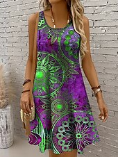 preiswerte Boho Kleider-Damen Minikleid Sommerkleid A Linie Kleid Urlaub Lässig Boho Party Ferien Date Normale Passform Grafik Geometrisch Boho Paisley Damast Ärmellos U-Ausschnitt Rundausschnitt Rote Blau Purpur Grün