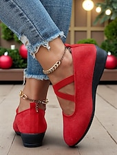 preiswerte Ballerinas für Damen-Rote Damen-Ballerinas aus Wildlederimitat mit gekreuzten Riemen – bequeme Mary-Jane-Schuhe mit niedrigem Keilabsatz für Weihnachtsfeiern, Herbstoutfits und entspannte Wochenendspaziergänge