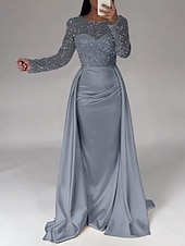 economico Champagne-Abito da sera sirena in paillettes abito in satin champagne arricciato maniche lunghe masquerade lunghezza fino al pavimento scollo illusion con perle gonna sovrapposta