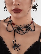 abordables Accesorios de Halloween-Conjunto de collar y pendientes de cuentas de araña de Halloween para mujer: joyería acrílica gótica de aleación negra y roja, accesorios de disfraz espeluznantes y adorables para fiestas y cosplay.