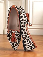 cheap Women&#039;s Slip-Ons &amp; Loafers-Women&#039;s Leopard Print Tassel Flats - Retro Style Pointed Toe Shoes with Orange Trim and Block Heel for Daily Wear &amp; Casual Outings
