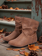 baratos Botas Slouch-Botas largas femininas de couro sintético marrom – sapatos retrô de salto baixo e cano médio para o outono, caminhadas diárias e passeios casuais
