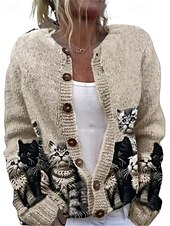 abordables Cardigans et vêtements d&#039;extérieur-Femmes Pull Cardigan Mode Streetwear Quotidien Animal Côtelé Ouvert devant Tricoté Imprimé manche longue Hauts Longs Tricoter Fête Sortir Week-end Noir Blanche Automne Hiver