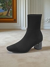 preiswerte Stiefeletten-Marineblaue Strick-Sockenstiefel für Damen – spitze Stretch-Stiefeletten mit Blockabsatz für elegante Alltags- und Herbstoutfits