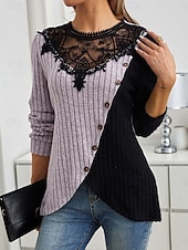 abordables Tops de Encaje-Mujer Blusa Encaje Retazos Color sólido Elegante Básico Casual Manga Larga Cuello Barco Tops regulares Diario Verde Ejército Púrpula Claro Gris Claro Primavera Otoño Invierno