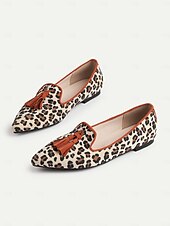 cheap Women&#039;s Slip-Ons &amp; Loafers-Women&#039;s Leopard Print Tassel Flats - Retro Style Pointed Toe Shoes with Orange Trim and Block Heel for Daily Wear &amp; Casual Outings
