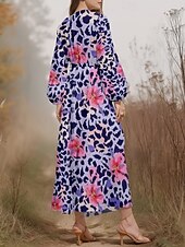 preiswerte Blumenkleid-Damen Midikleid Freizeitkleid Chiffon Schwingkleid Modern Urlaub Täglich Wochenende Normale Passform Blumen Leopard Langarm V Ausschnitt Purpur Dunkelviolett Grau Sommer Frühling Herbst