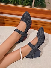 ieftine Block Heels-Pantofi Mary Jane cu toc bloc și sclipici pentru femei – tocuri joase aurii confortabile, cu bareta cu velcro, pentru purtare zilnică, evenimente școlare și ținute de inspirație retro