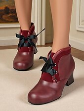 abordables Années 1950-Bottines bordeaux d&#039;inspiration victorienne des années 1900 pour femmes – bottines à talons à lacets en similicuir avec nœud en ruban pour un usage quotidien et des tenues vintage
