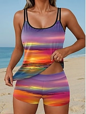 abordables Tankinis-Femmes Maillots de Bain Tankini 2 pièces Taille haute Maillot de bain Dos nu Vacances Tenues de plage A Ombre Graphique Col en U Sans manches Maillots de bain