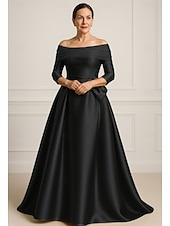 preiswerte Abendkleider-goldenes A-Linien-Abendkleid, elegantes Kleid für formelle Hochzeitsgäste, bodenlang, 3/4-Ärmel, schulterfrei, Tasche, Satin mit Schleife(n) 2025